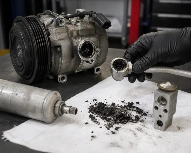 Black contaminated oil and debris found at an automotive AC compressor line fitting during black death diagnosis