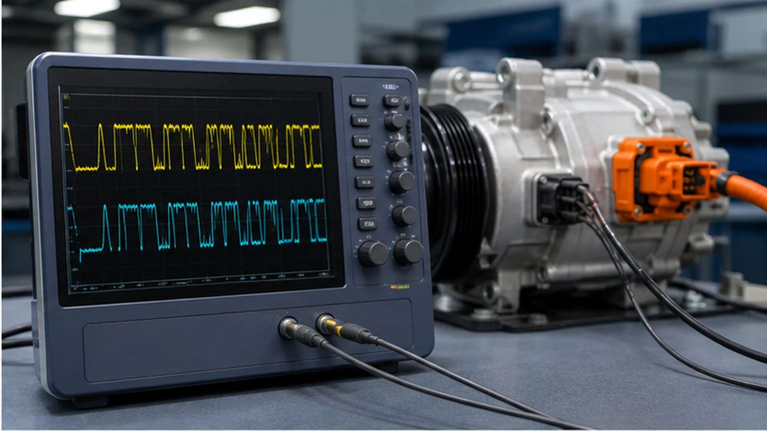 Oscilloscope measuring electric AC compressor CAN communication waveform on the low-voltage harness