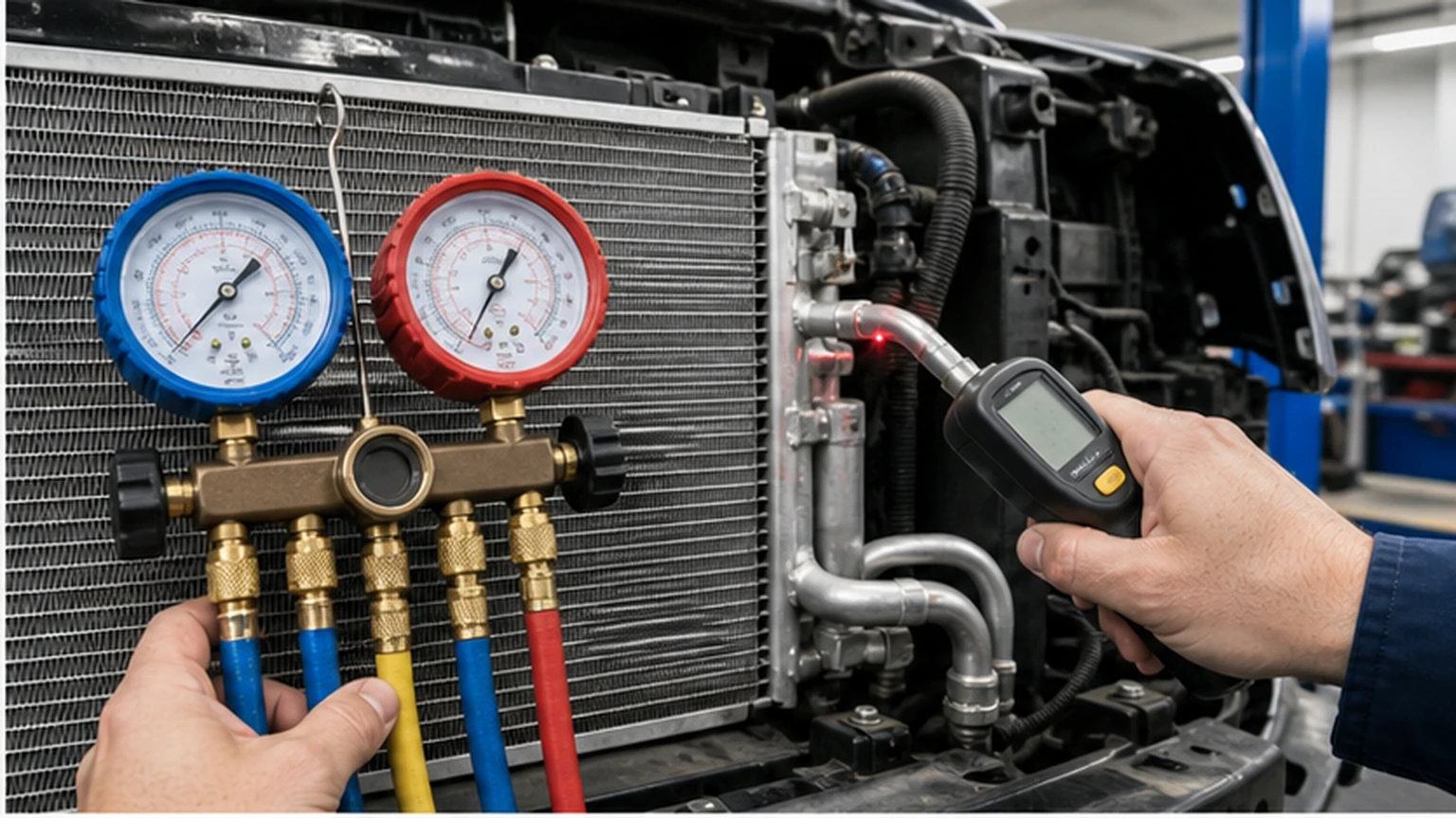 Automotive AC manifold pressure gauges and condenser inlet outlet temperature measurement during idle testing