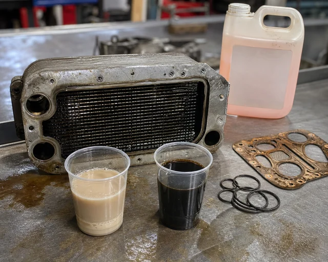 Inspectie van de dieselmotoroliekoeler met mengmonsters van olie en koelvloeistof