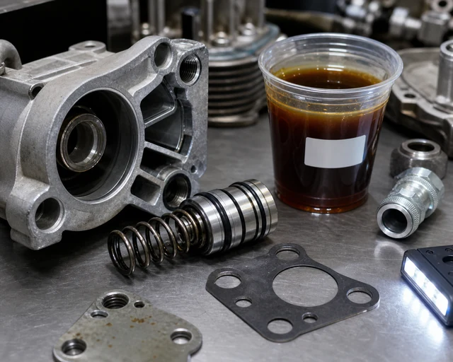 Oil cooler adapter housing with bypass valve spring, gaskets, fittings, and oil sample