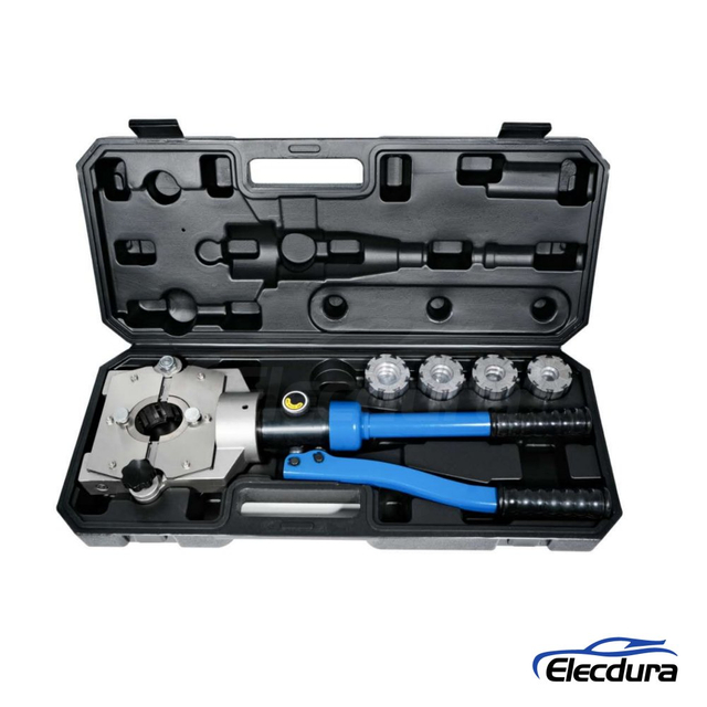 Portable hydraulic hose crimping tool kit for automotive hose service distributors