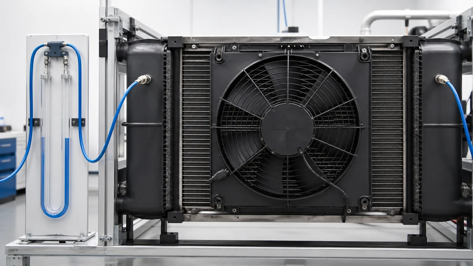 Differential manometer connected across an automotive condenser and radiator stack to measure fan static pressure