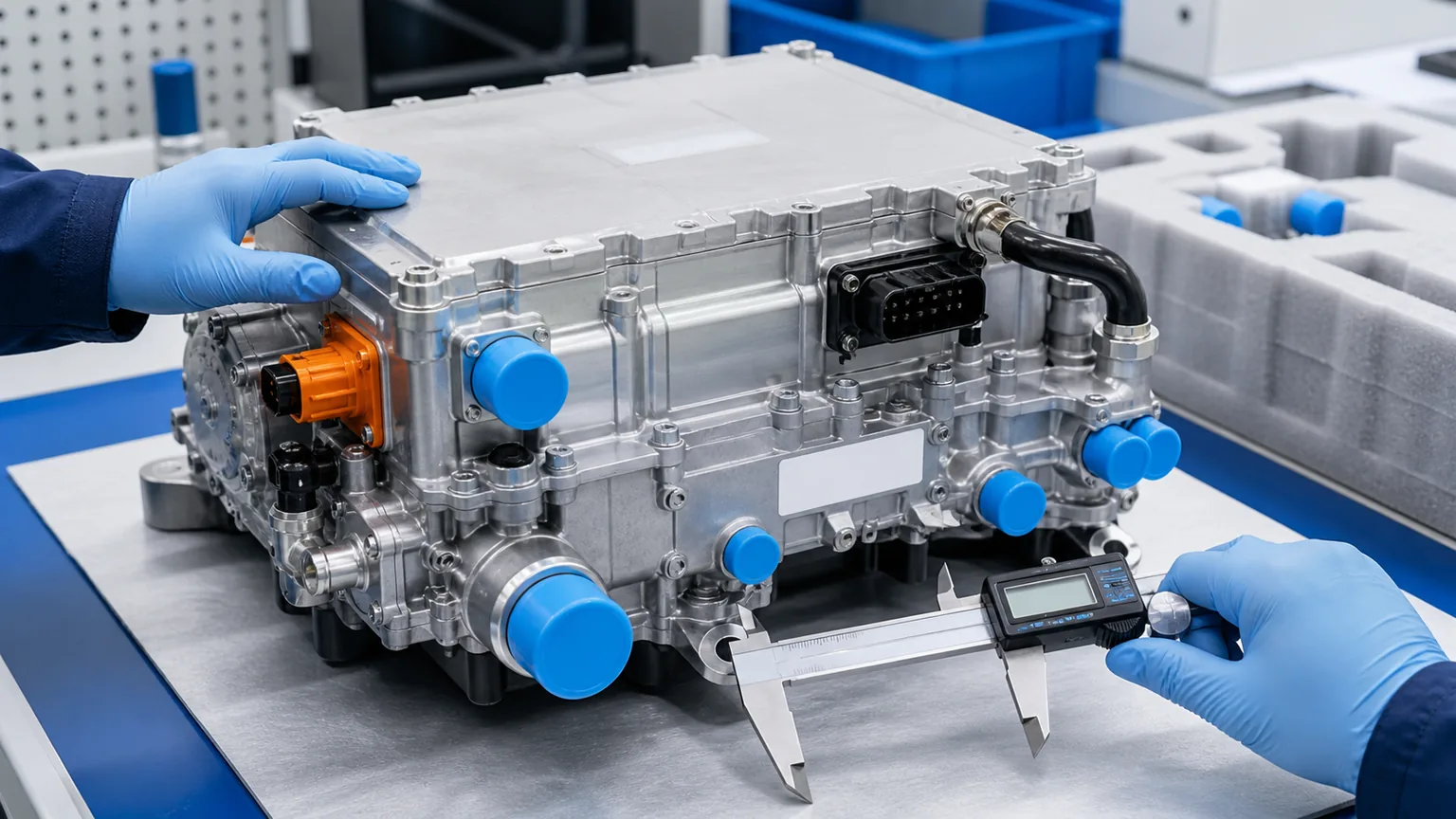 Receiving inspector checking protective caps, barcode traceability, connectors, and mounting dimensions on an EV thermal module