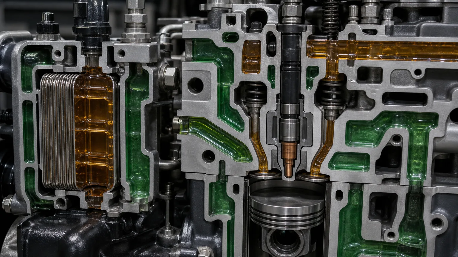 Diesel engine schematic showing possible fuel to coolant paths through fuel cooler injector cup and cylinder head