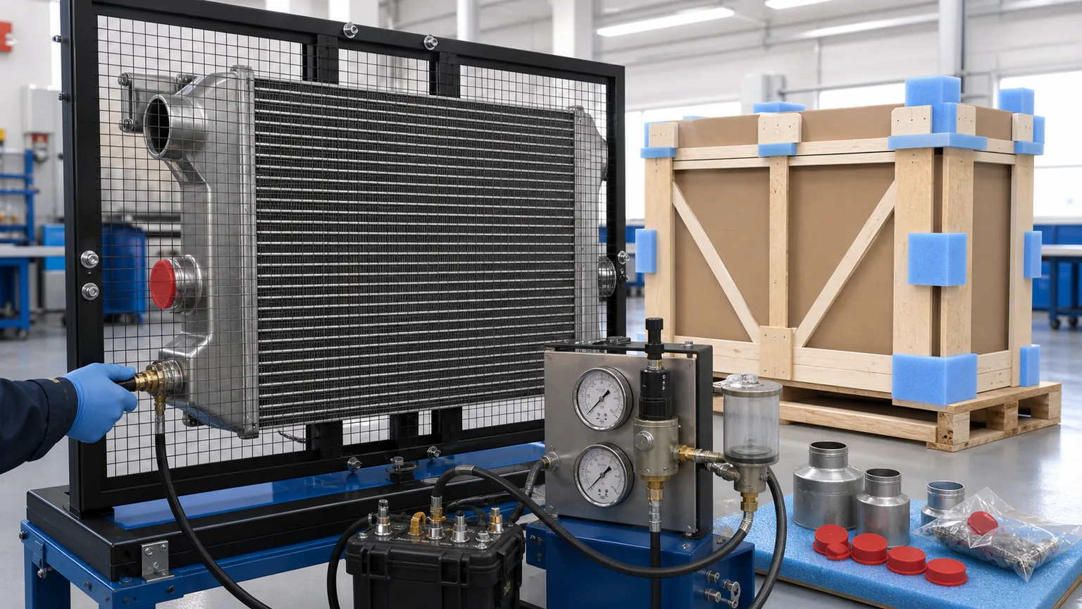 Guarded charge air cooler leak and pressure test with reinforced shipping packaging inspection