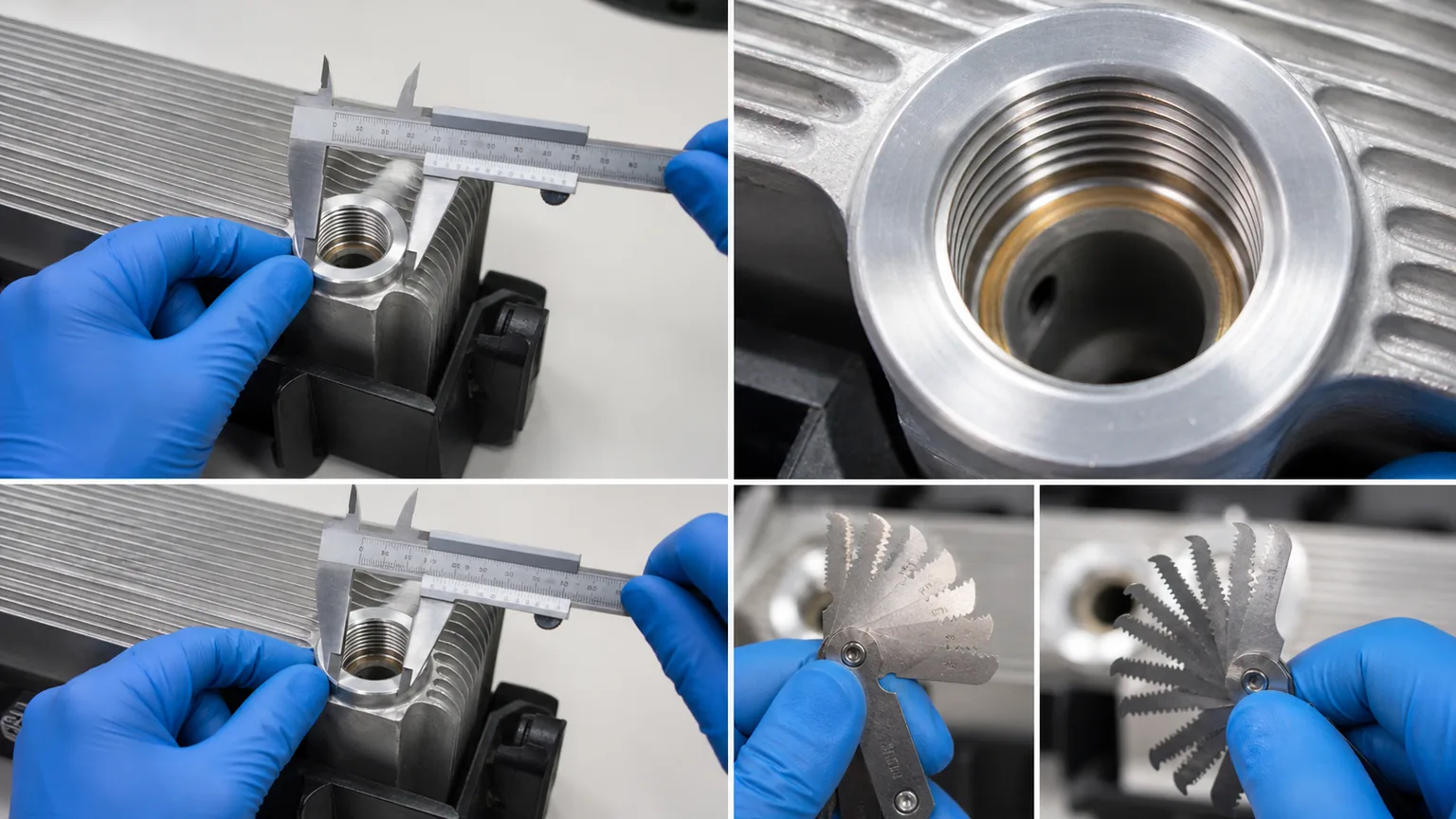 Caliper and thread pitch gauge measuring a hydraulic oil cooler port with two taper diameter points
