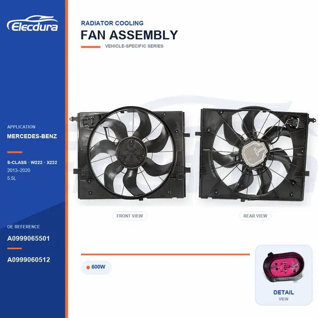 Radiator Cooling Fan Assembly for Mercedes-Benz W222 / X222 600W A0999065501 Bulk Supply