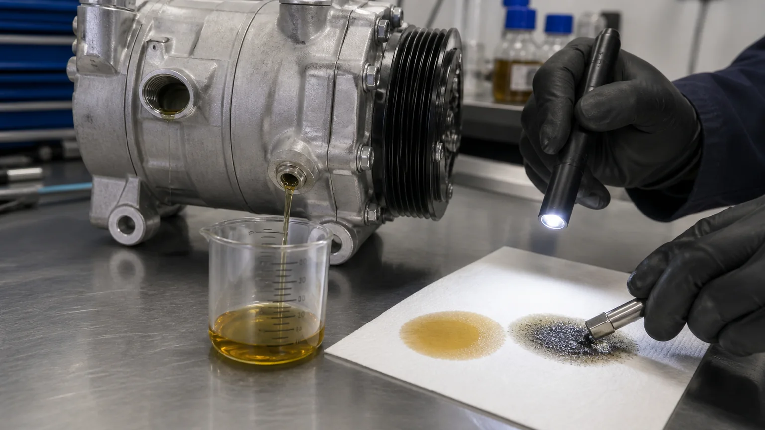 Replacement AC compressor oil and contamination inspection