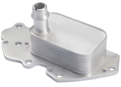 Stacked-plate oil cooler on mounting flange