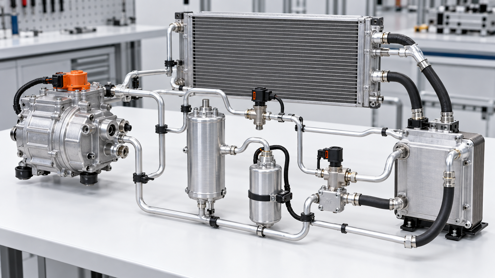 Receiver-cycle EV heat-pump components with gas-injection compressor, separator, valves, chiller, and water-cooled condenser