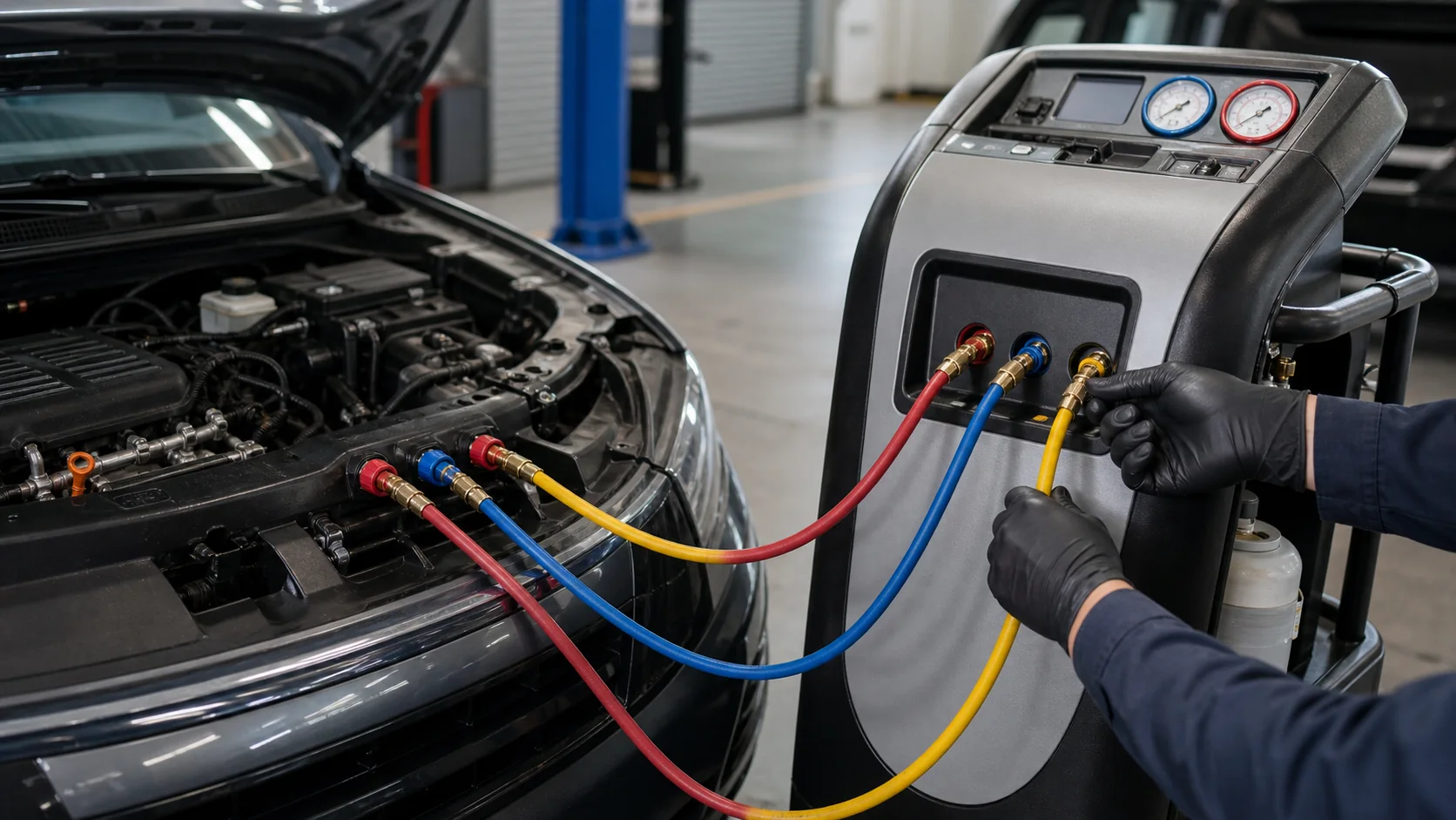 Automotive A/C recovery machine connected through controlled service hoses