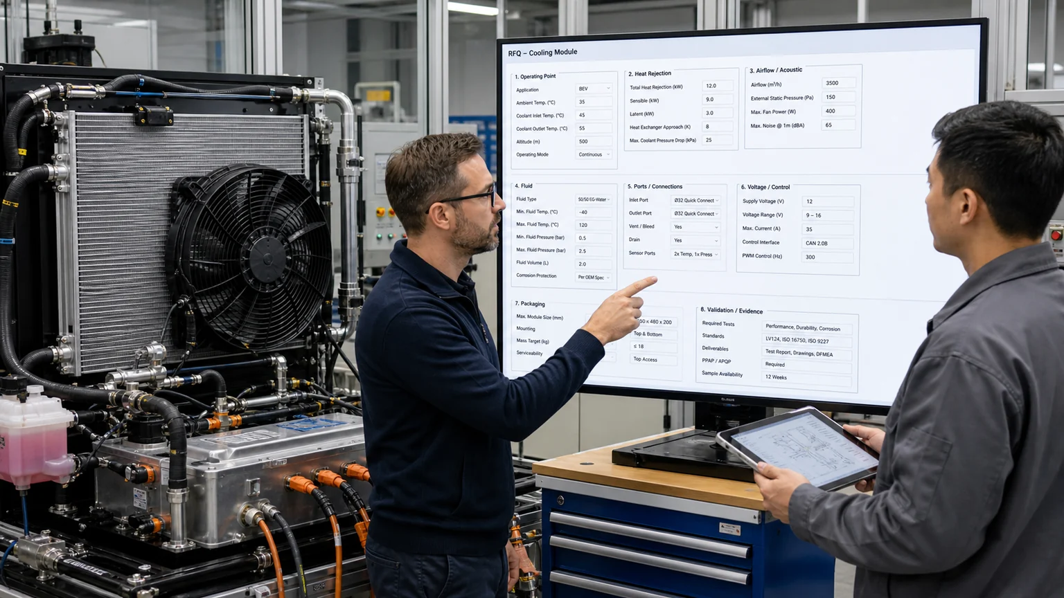 Engineers reviewing a structured digital RFQ beside an automotive cooling module
