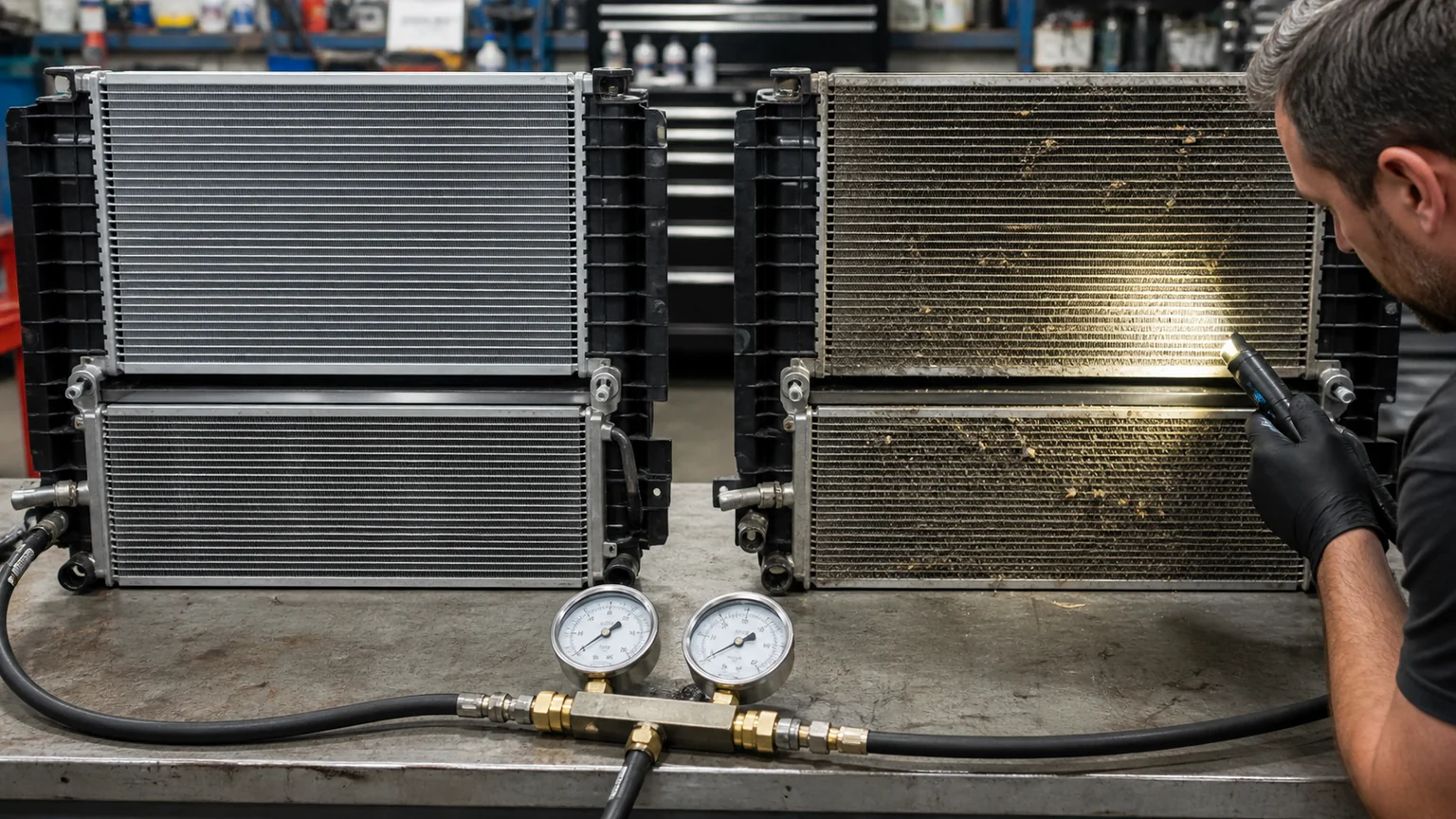 Clean and dust-fouled cooling stacks compared under pressure-drop inspection
