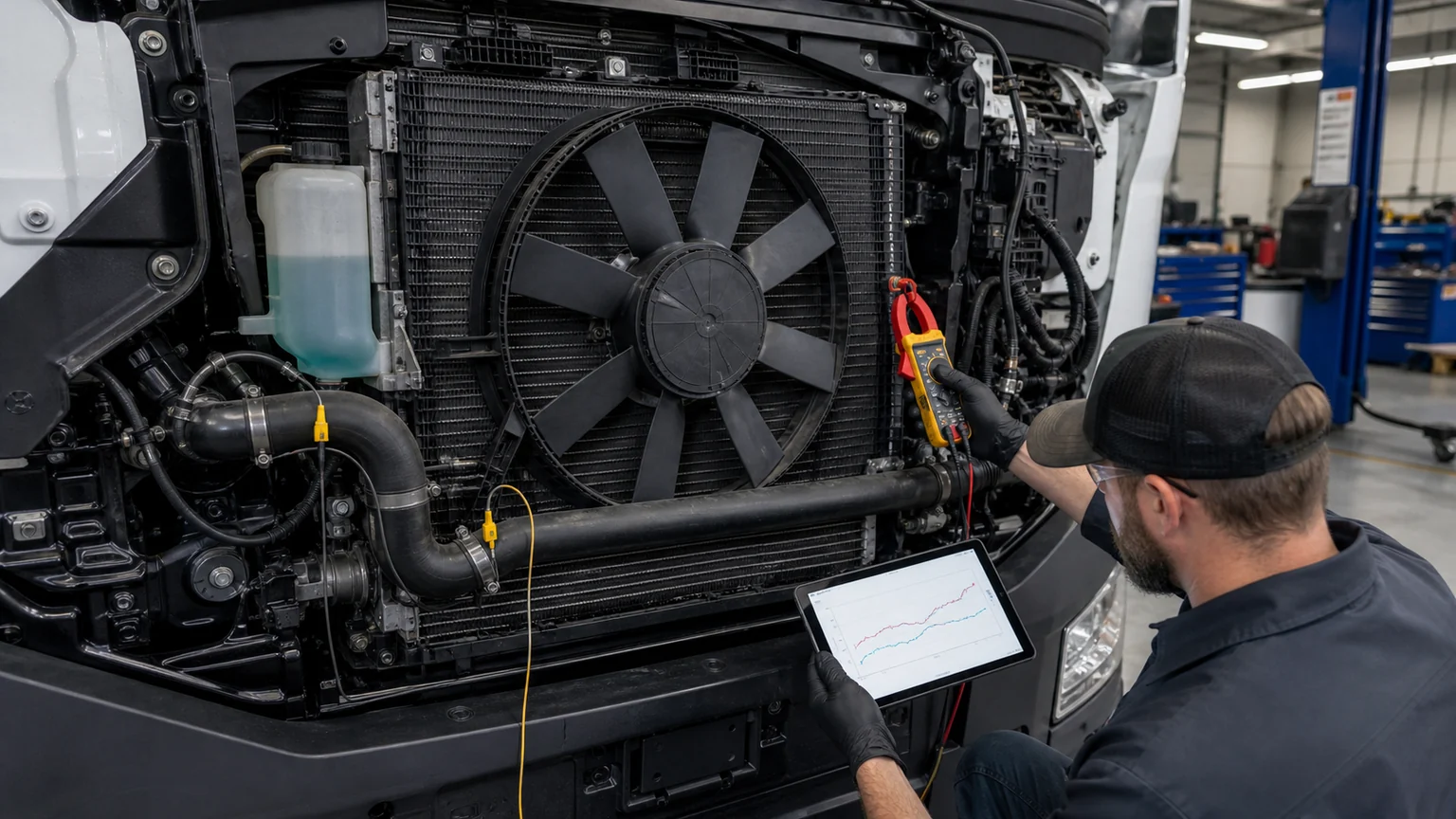 Fleet technician collecting cooling-system current pressure and temperature trend data