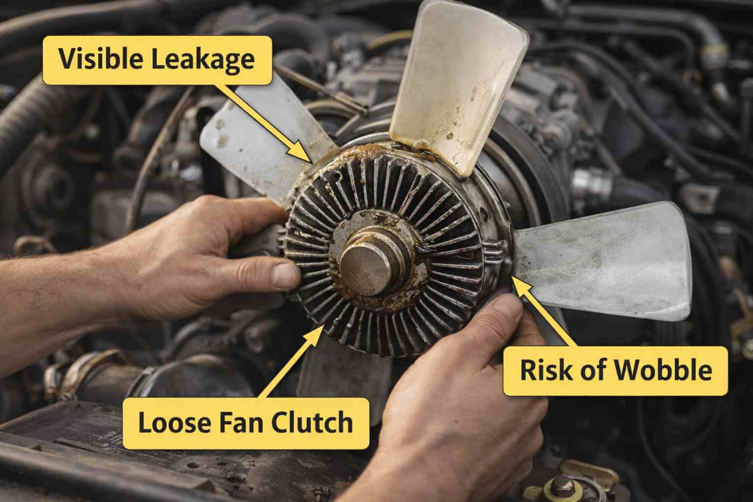Mechanic checking fan clutch play on a heavy-duty engine