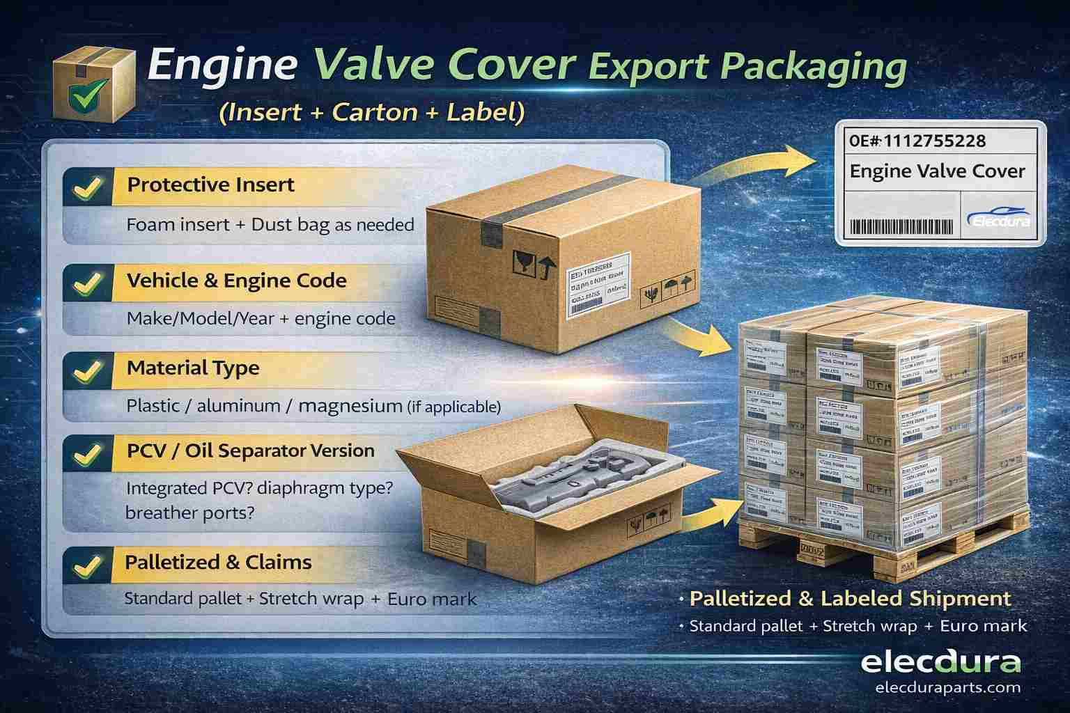 Engine valve cover export packaging standard: foam insert, carton labeling, palletizing and stretch wrap
