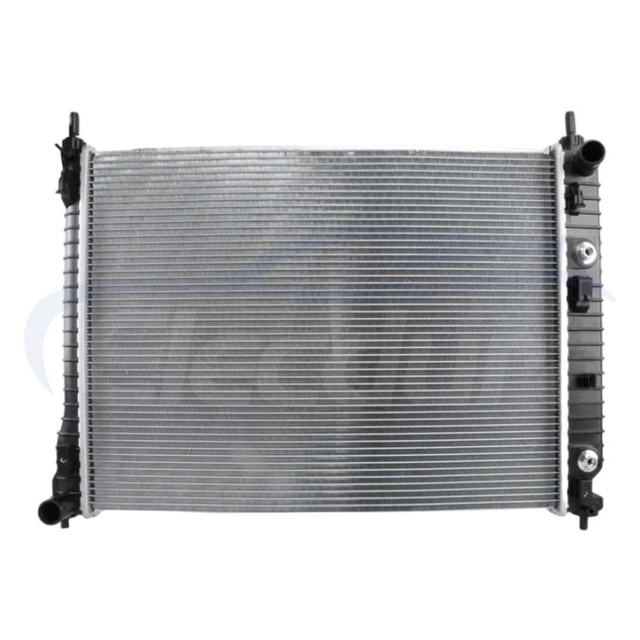 Technical side view of Chevrolet Captiva radiator 20777042 showing inlet and outlet positions
