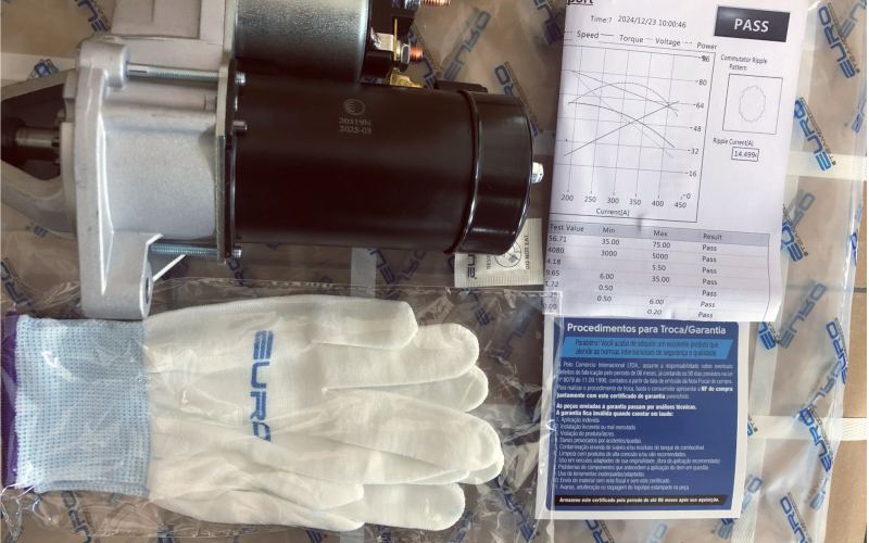 Starter motor sample inspection kit with gloves, test sheet, and pre-shipment quality control support
