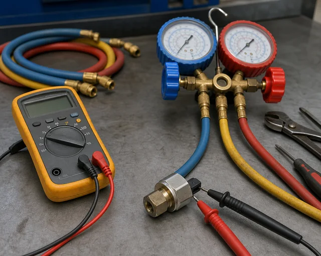 Manifold gauge and multimeter setup for checking an A/C pressure switch before replacement
