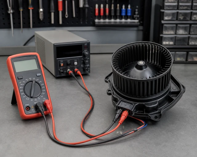 Blower motor assembly current draw test setup with multimeter and bench power supply