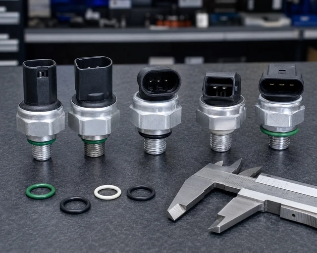 European A/C pressure transducer connector and O-ring comparison for German vehicle applications