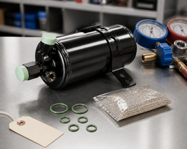 Automotive AC receiver drier with capped ports O-rings and desiccant inspection items