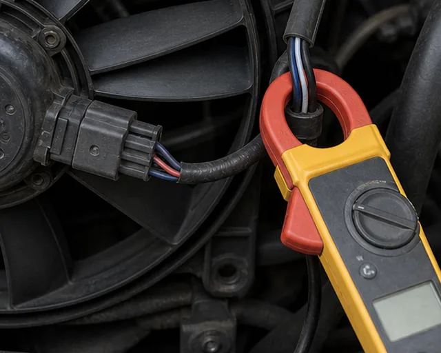 Testarea consumului de curent al ventilatorului radiatorului cu clemă de măsurare &icirc;n jurul cablului de alimentare