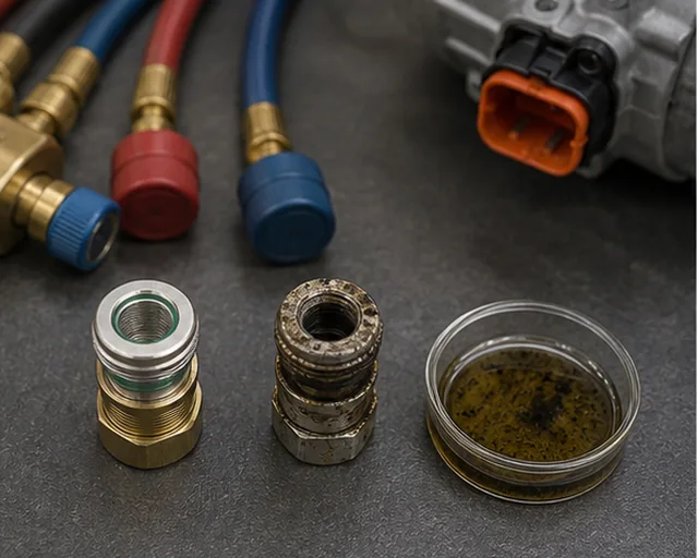 Contaminated AC service fittings and residue check before replacing an EV compressor