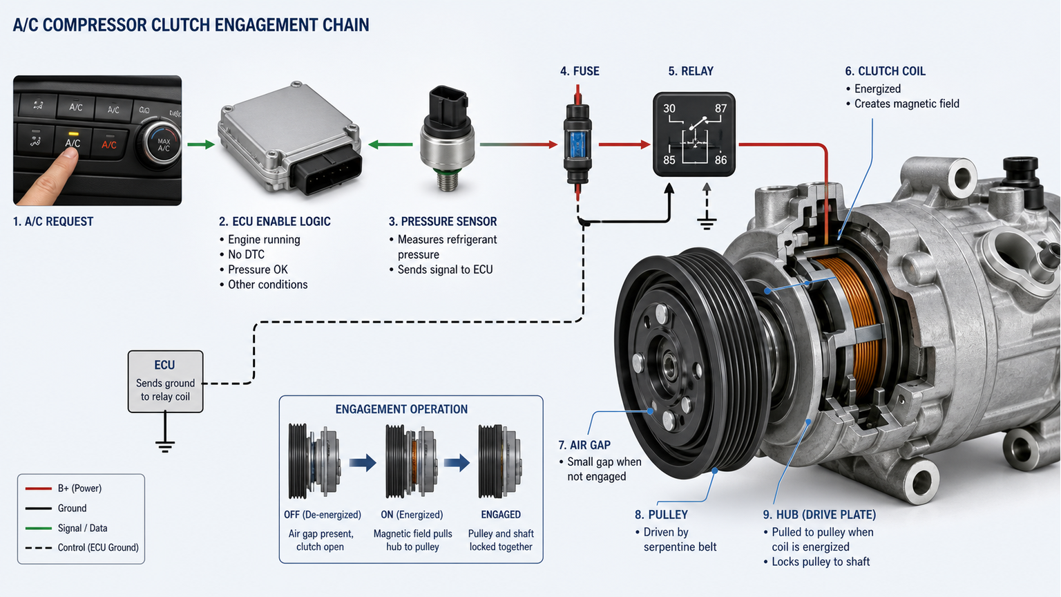 Befehlspfad der riemengetriebenen AC-Kompressorkupplung von der HVAC-Anforderung &uuml;ber die Drucklogik-Relaisspule und die Nabe