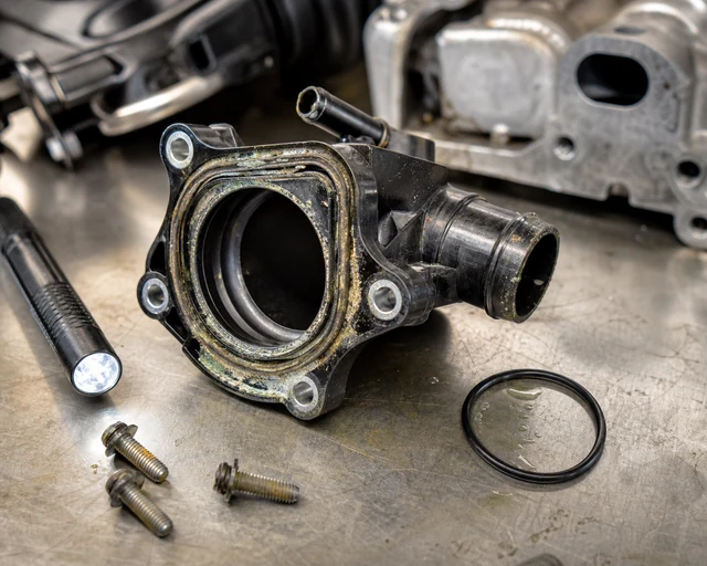 Thermostat housing gasket channel with dried coolant residue and O-ring leak evidence