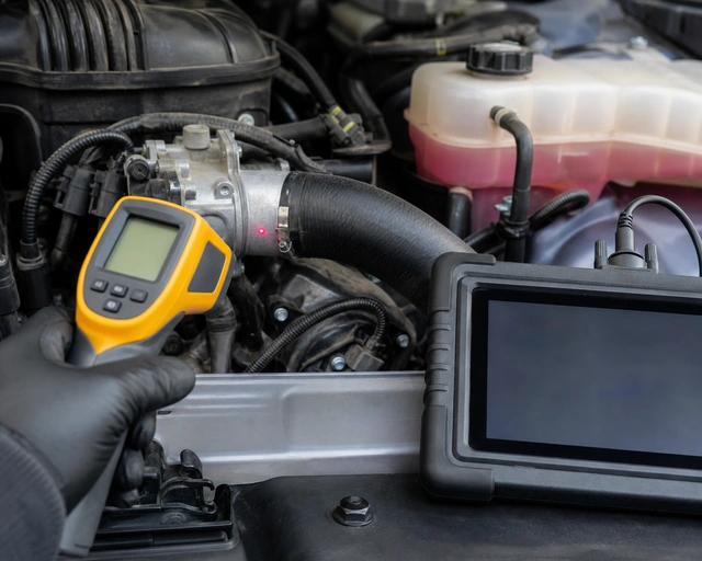 Coolant temperature diagnosis using infrared thermometer and scan tool near thermostat housing