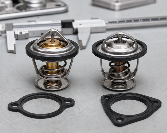 Two unbranded automotive thermostats compared by spring design, seal profile, and dimensions