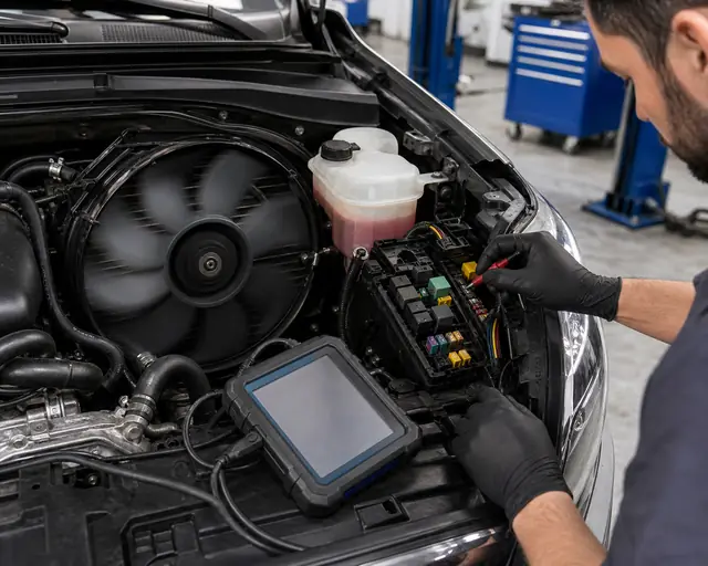 Technician checking radiator fan relay and sensor wiring while the cooling fan is running in the engine bay