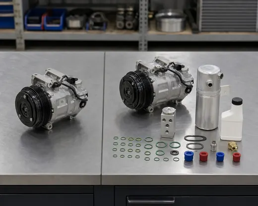 Bare AC compressor compared with compressor kit parts including drier expansion valve O-rings and oil