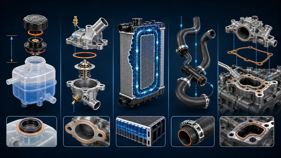 Cooling system diagnostic sequence using cold pressure observation, thermal mapping, cap test and combustion gas test