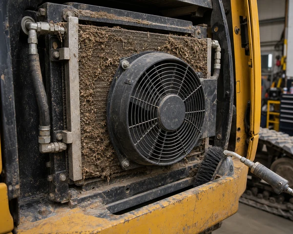 Door een ventilator gekoelde hydraulische oliekoeler is verstopt met vuil, wat een slechte luchtstroom en oververhitting veroorzaakt