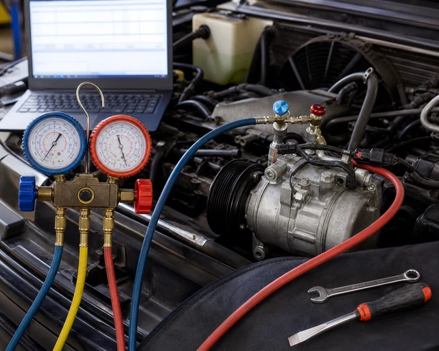 Automotive AC compressor diagnosis with manifold gauges, service hoses, and pressure evidence during control valve testing