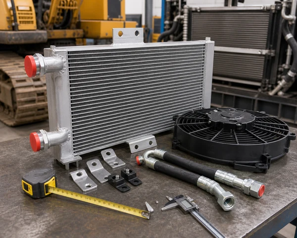 Construction equipment hydraulic oil cooler fan shroud port and bracket sourcing inspection