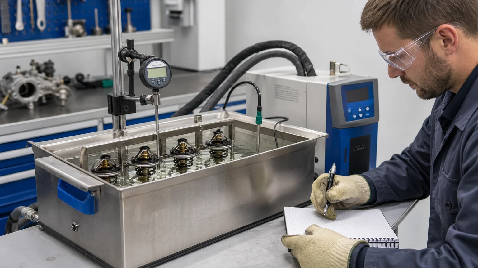 Controlled automotive thermostat hot-bath test with laboratory vessel, reference thermometer, lift gauge and sample fixtures