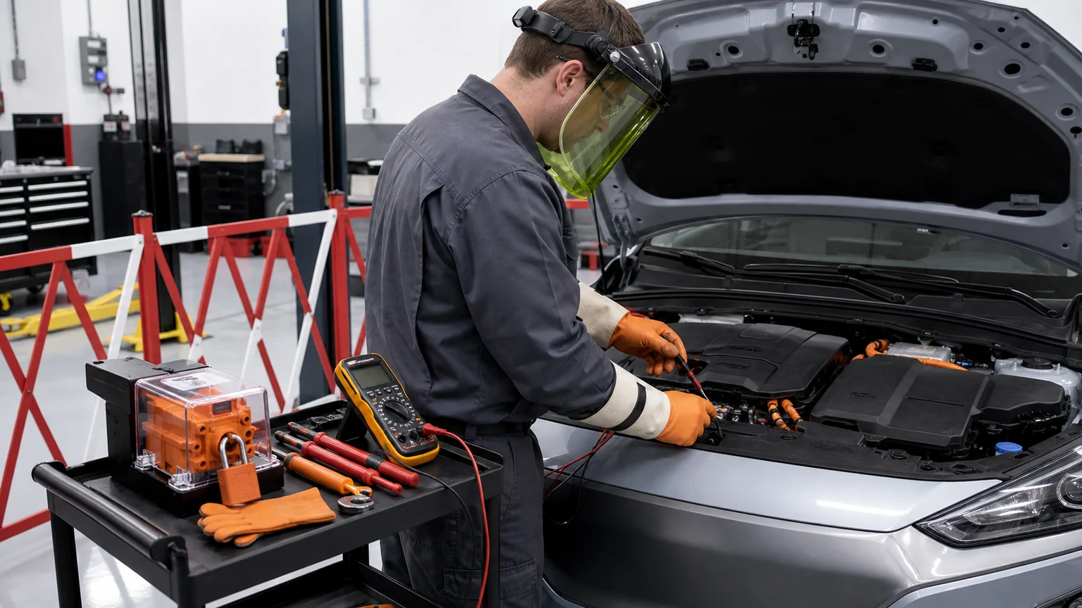 Technicien EV qualifi&eacute; utilisant un EPI haute tension, un verrouillage de d&eacute;branchement de service, une barri&egrave;re de s&eacute;curit&eacute; et un compteur nominal pour v&eacute;rifier un v&eacute;hicule hors tension