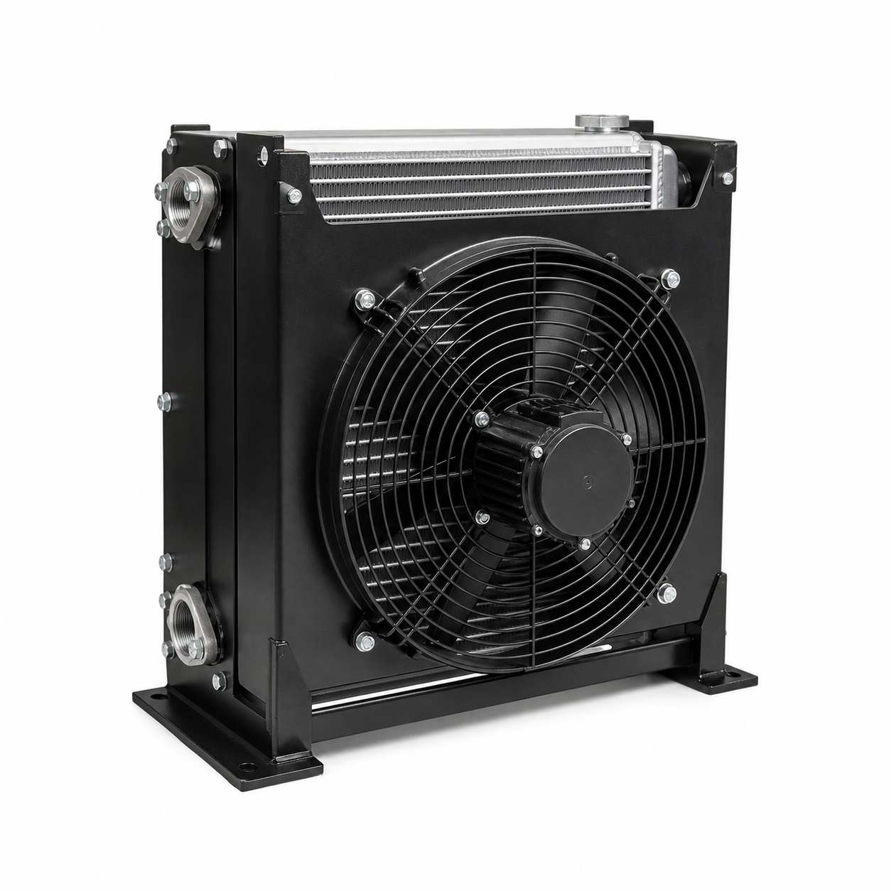 Hydraulic oil cooler with fan for excavators, loaders and off-highway machinery
