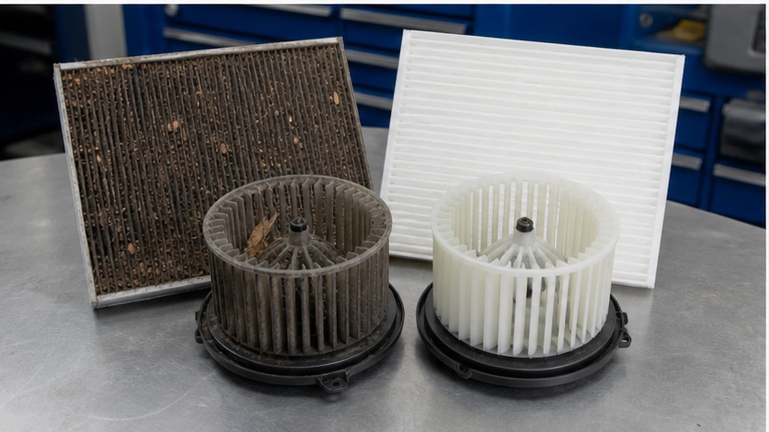 Dirty cabin filter and contaminated HVAC blower wheel compared with clean airflow components