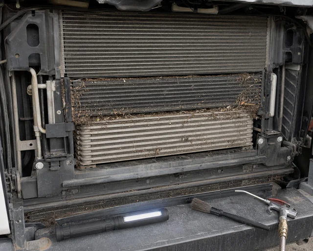 Cooling stack airflow blockage with debris in front of radiator and oil cooler cores