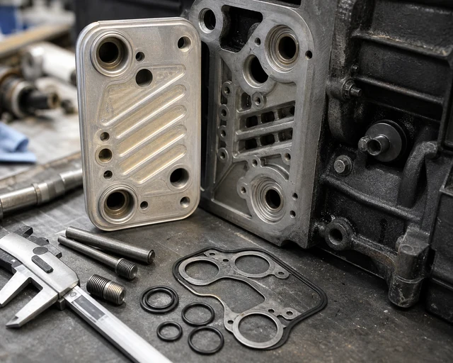 Deutz oil cooler port layout and passage alignment check against engine housing