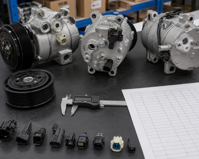 A/C compressor rear-head port connector and pulley fitment check for Brazil orders