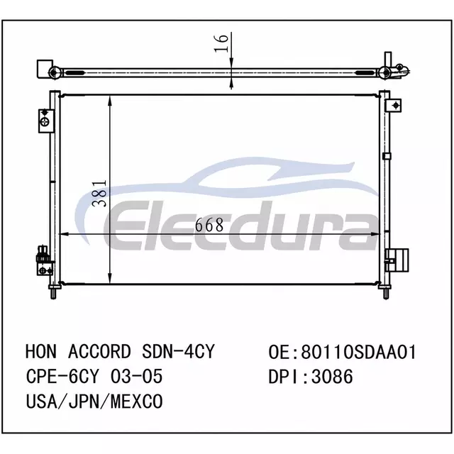 80110SDAA01 Honda Accord 2003-2007 A/C Condenser 16mm Core