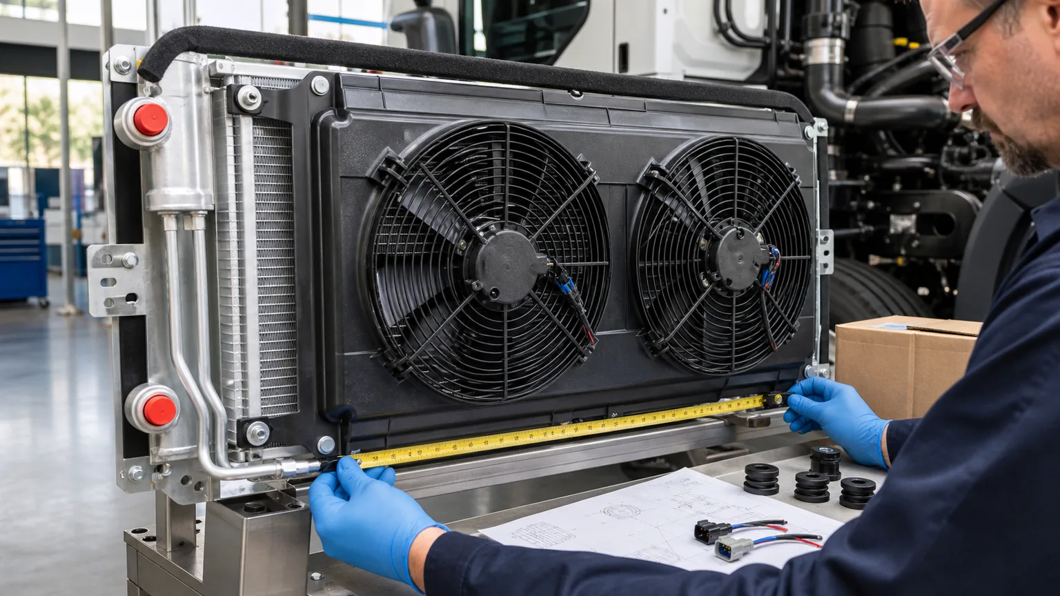 Technik sprawdzający moduł skraplacza prądu przemiennego o dużej wytrzymałości z uszczelnioną osłoną, wentylatorami osiowymi, prześwitami między kominami, zakrytymi portami czynnika chłodniczego i rysunkiem wymiarowym