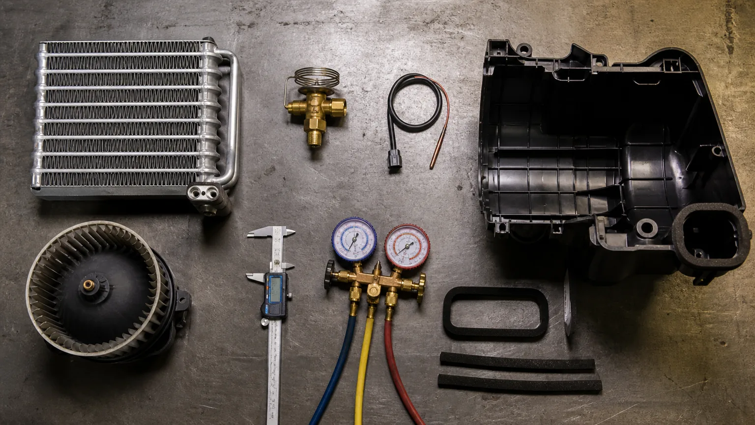 Heavy equipment evaporator TXV temperature sensor blower and housing replacement matching bench