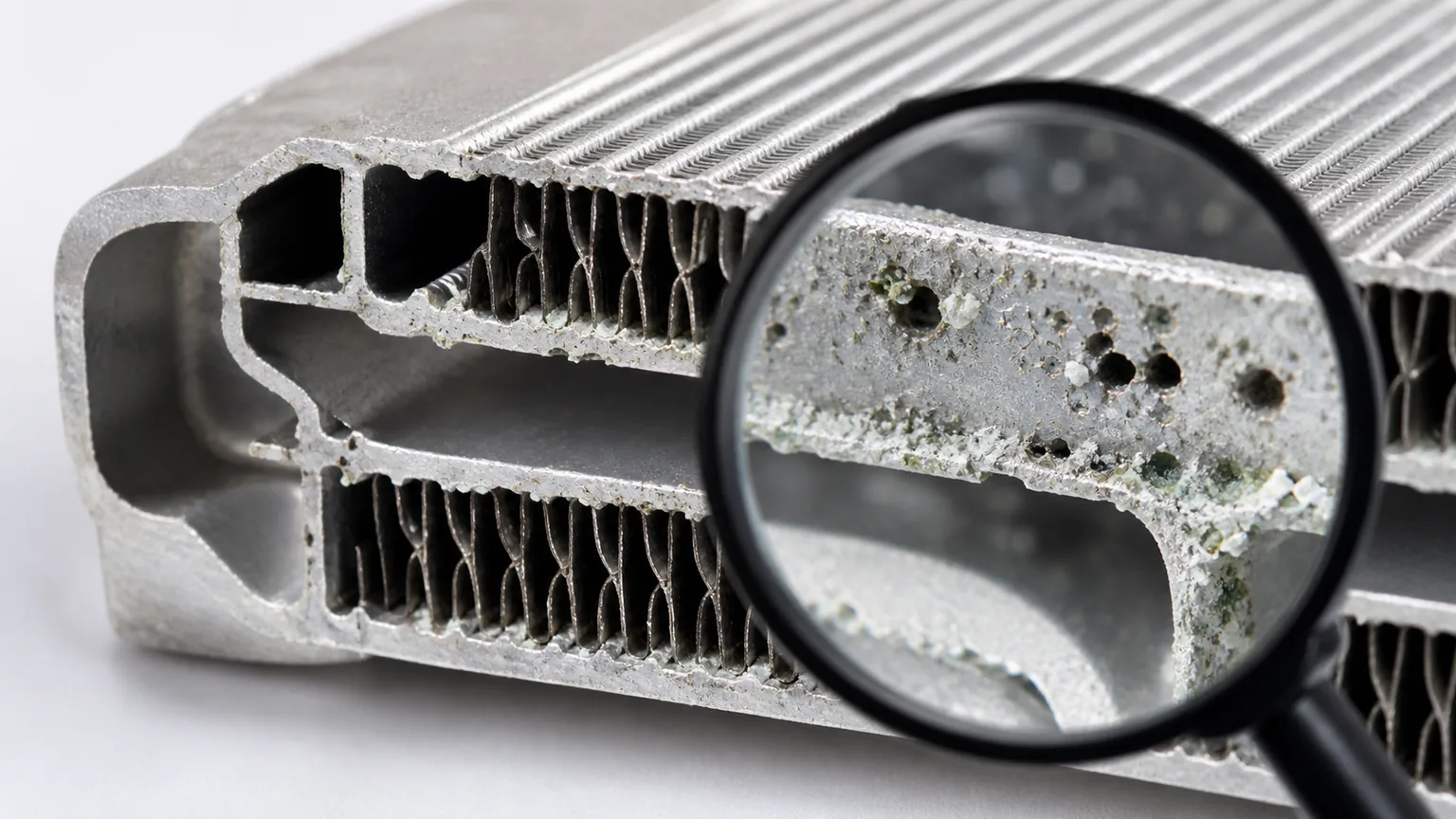Aluminium radiator with magnified pinhole corrosion and internal tube damage associated with stray current investigation